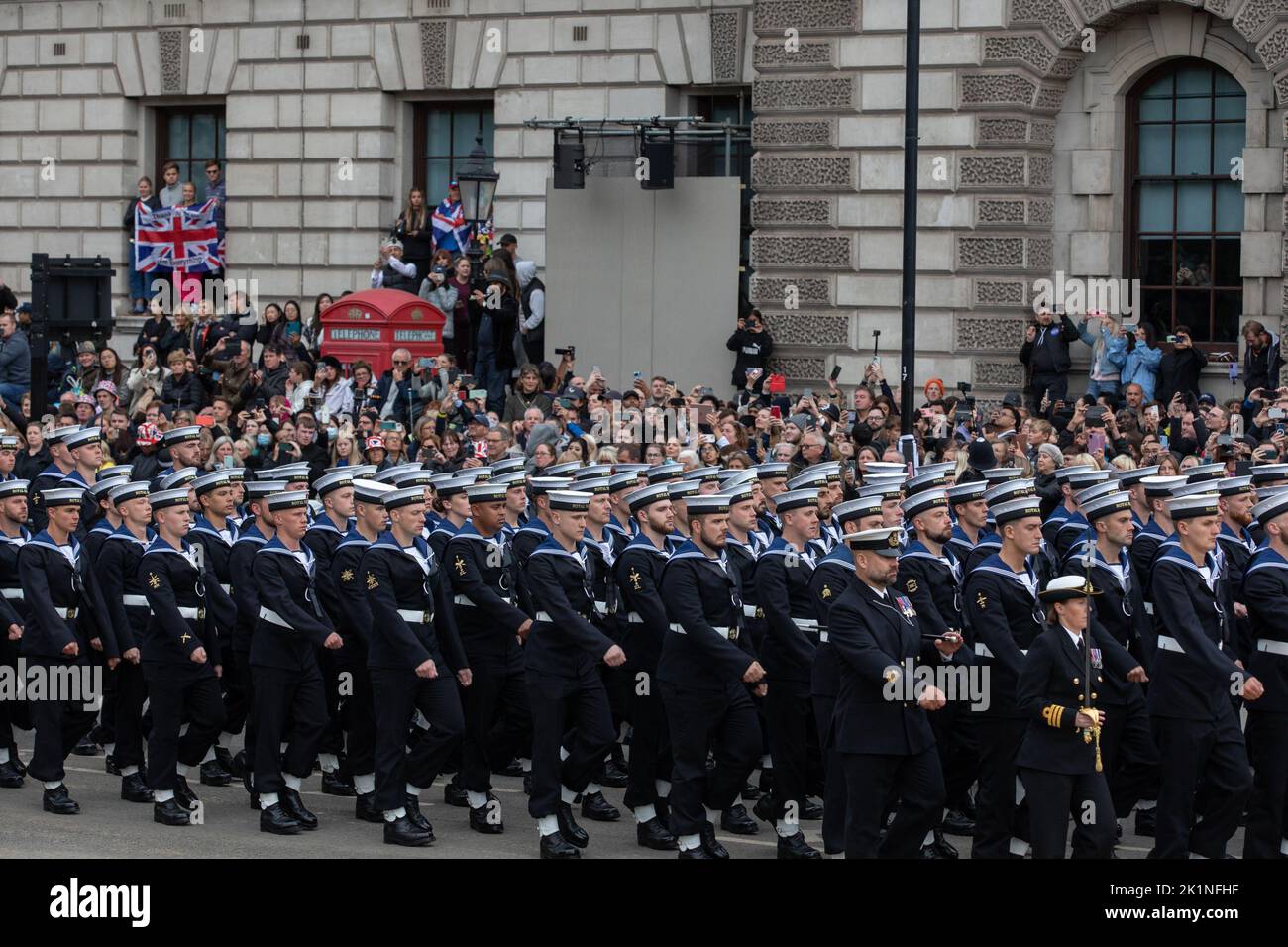 London, England. 19th September, 2022. Members of the Royal Navy took part in a procession for State Funeral of Queen Elizabeth II. The event was held in London and Windsor today and was one of the biggest the country has ever seen. Credit: Kiki Streitberger / Alamy Live News Stock Photo