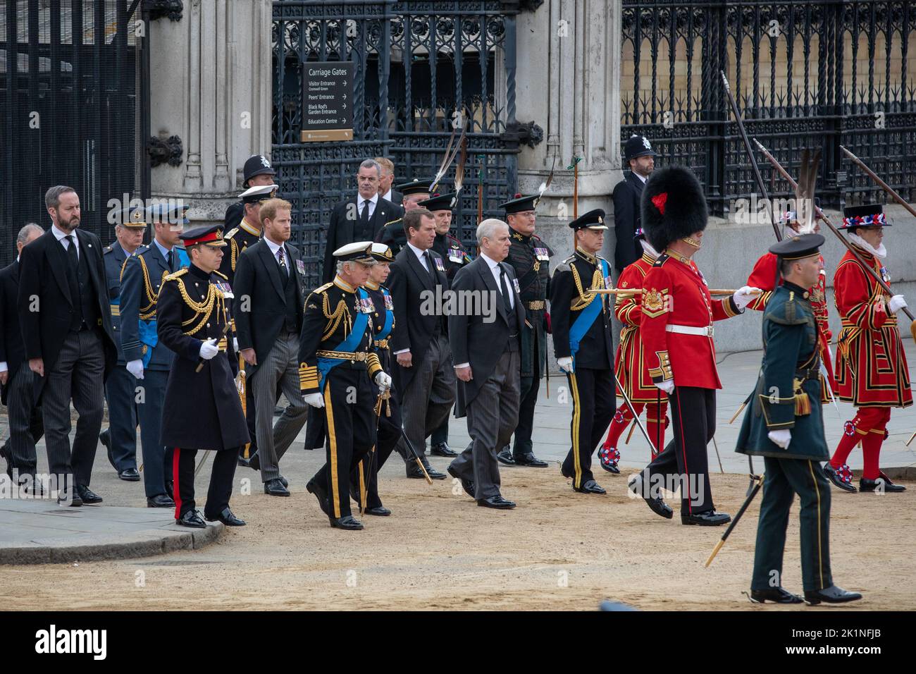 London, England. 19th September, 2022. The Queen's children and grandchildren follow her coffin to Westminster Abbey for the Monarch's State Funeral. The event held in London and Windsor  was one of the biggest  the country has ever seen. Credit: Kiki Streitberger / Alamy Live News Stock Photo