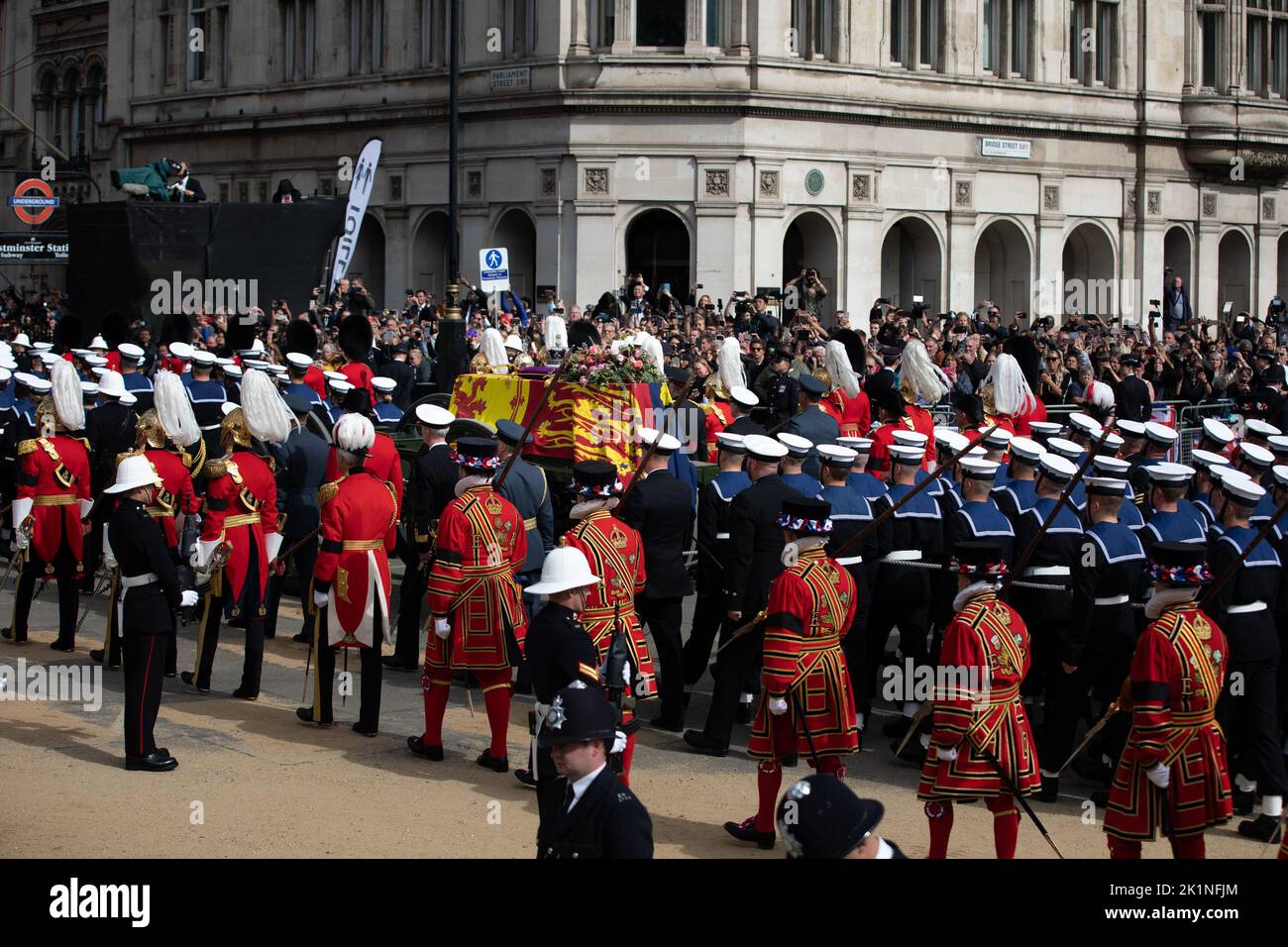 London, England. 19th September, 2022. The coffin of Queen Elizabeth II was carried through London one last time in a procession as part of the monarch's State Funeral.The event was one of the biggest the country has ever seen. Credit: Kiki Streitberger / Alamy Live News Stock Photo