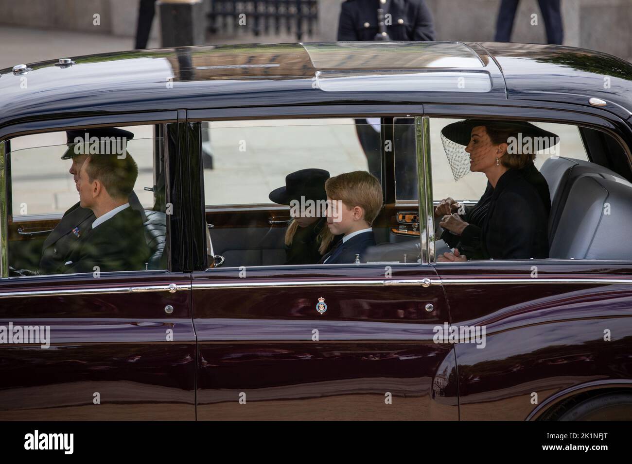London, England. 19th September, 2022. The Princess of Wales, and her children Prince George and Princess Charlotte leave Westminster Abbey following the service for the State Funeral of her Majesty Queen Elizabeth II. The funeral was one of the biggest events the country has ever seen. Credit: Kiki Streitberger / Alamy Live News Stock Photo
