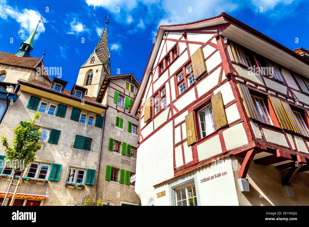 Schlüssel am Rank 1616 house, Obere Halde and Untere Halde streets with colourful, historic houses the the old town of Baden, Switzerland Stock Photo