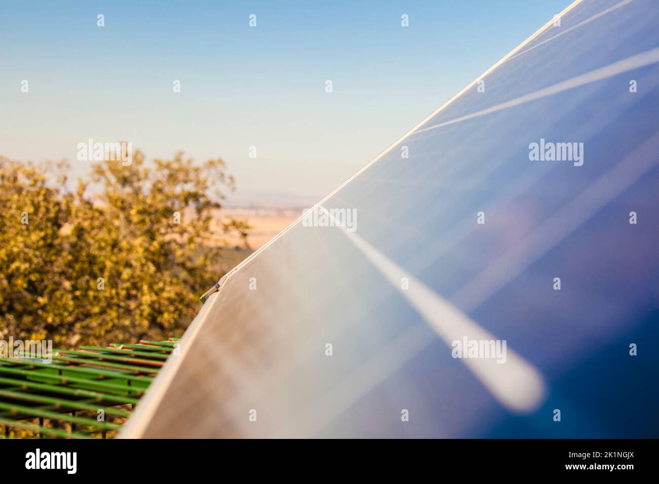 Solar panel at sunset. The item is installed at countryside estate. Selective focus Stock Photo