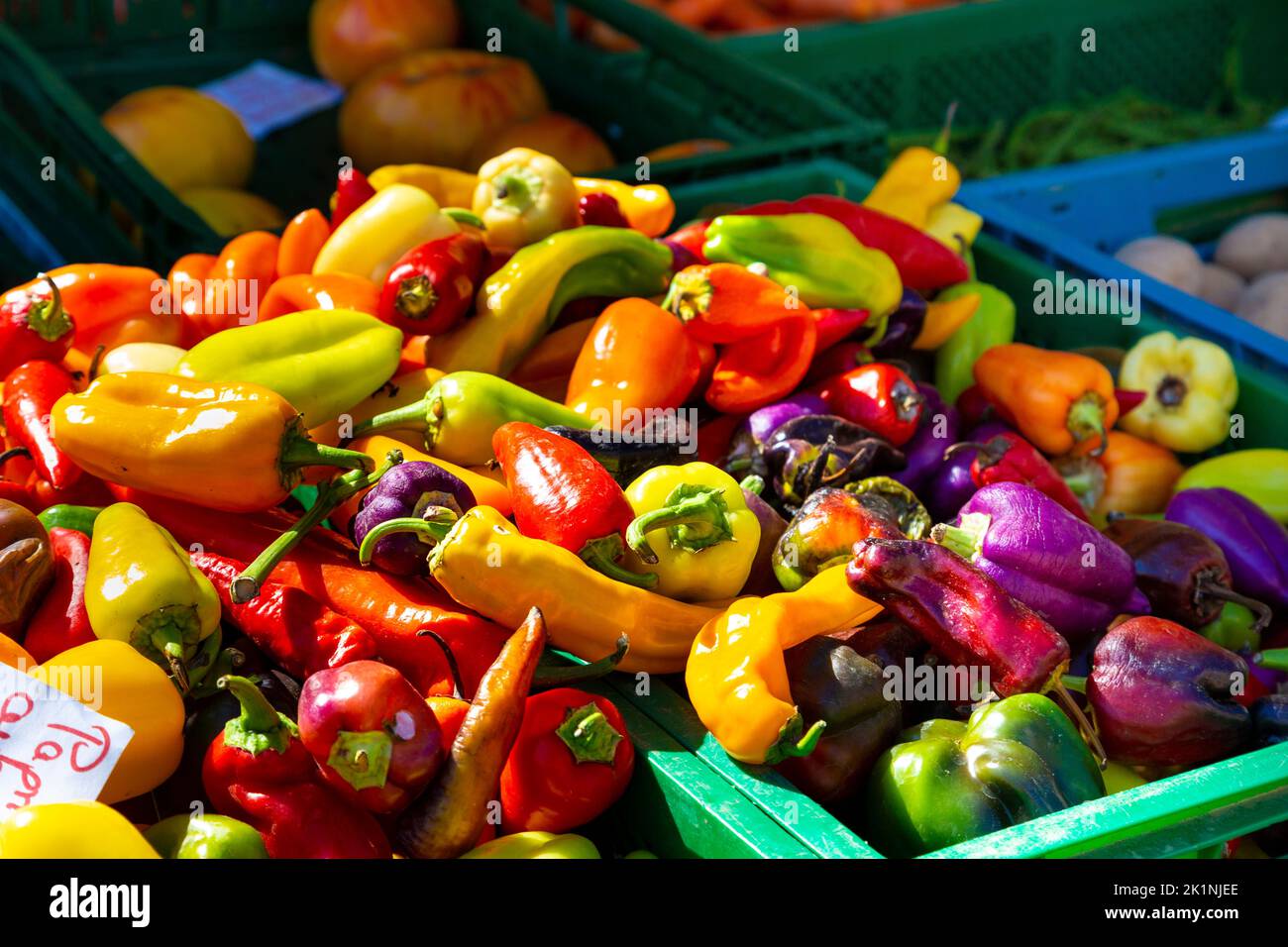 Frash, colourful peppers at Münstermarkt market on the Münsterplatz, Freiburg im Breisgau, Germany Stock Photo