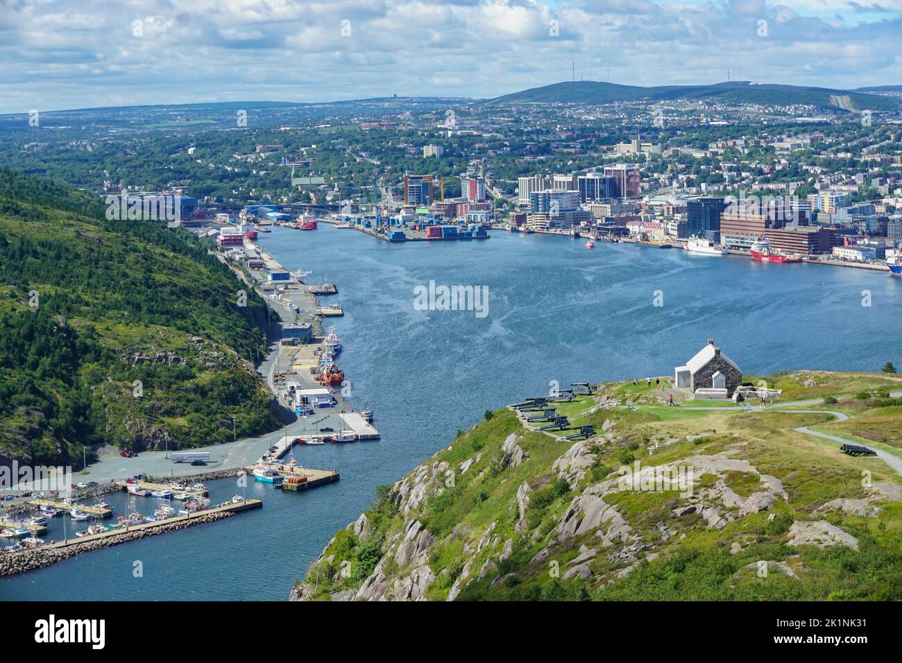 St. Johns, Newfoundland, Canada: View from Signal Hill of the Queen’s Battery, built to protect the narrows approach to St. Johns harbor. Stock Photo