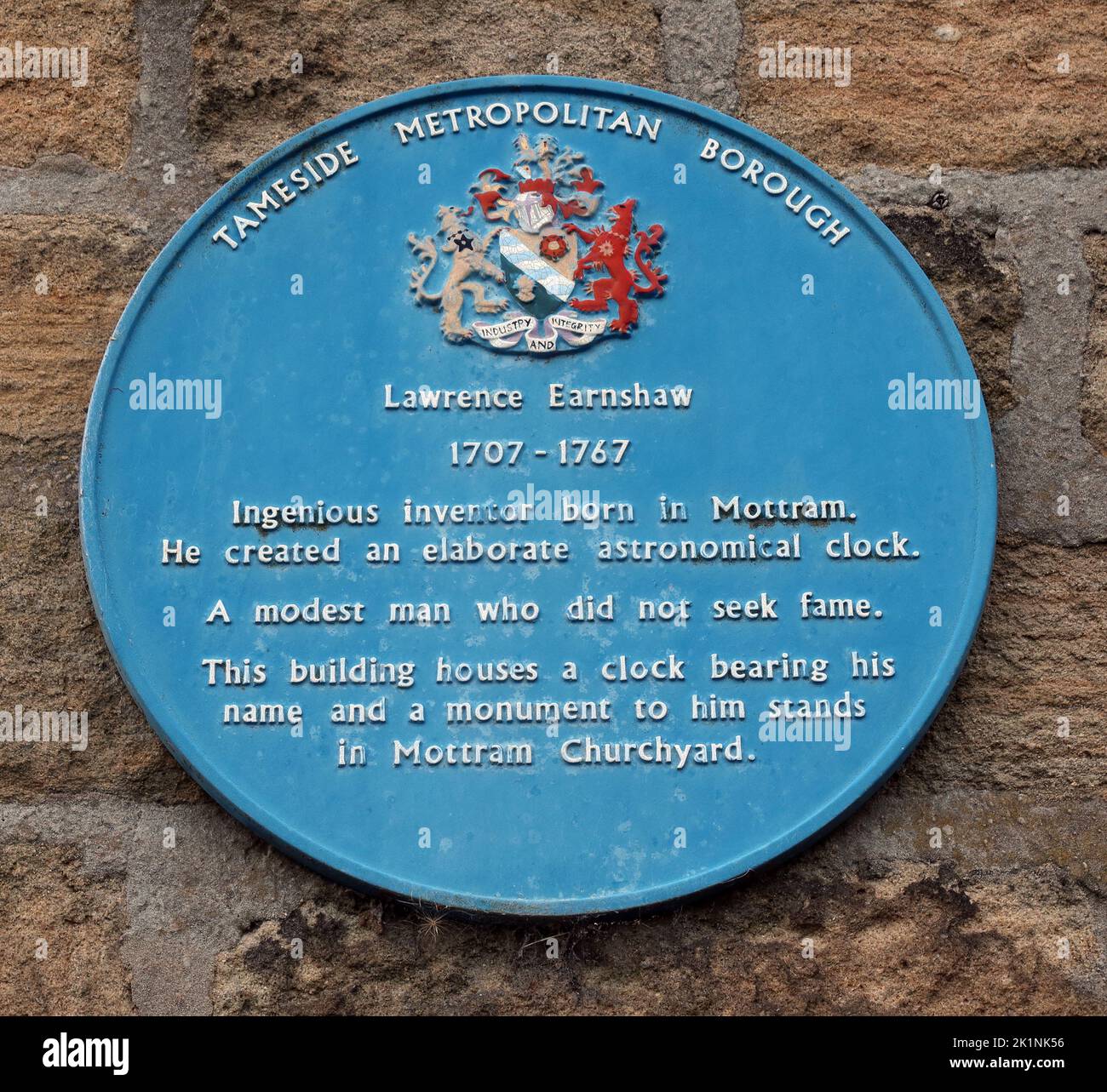 Lawrence Earnshaw 1707-1767,Blue plaque Mottram in Longdendale,Hyde,Tameside,Manchester,England,UK, SK14 6JL Stock Photo