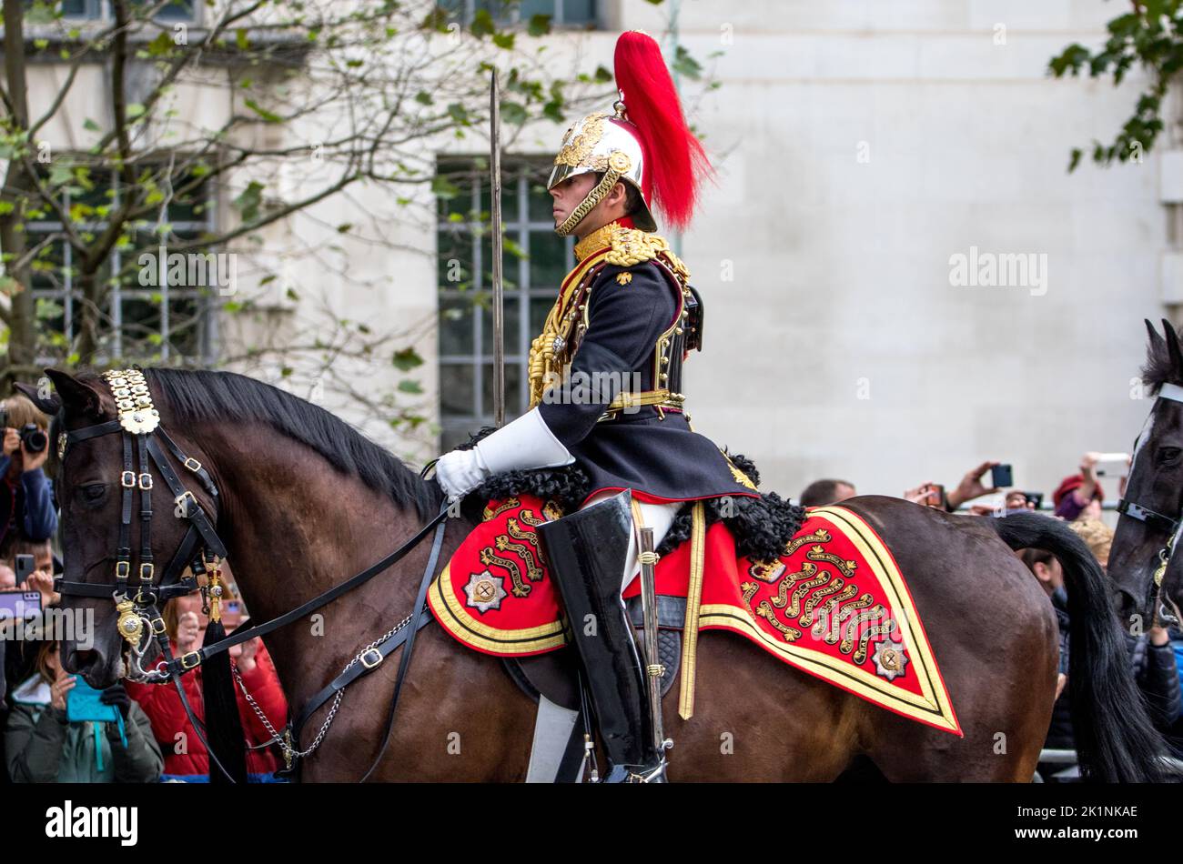 Westminster, London, UK. 19th Sep, 2022. Mounted Guardsman at the Funeral of Queen Elizabeth II. Credit: Newspics UK London/Alamy Live News Stock Photo