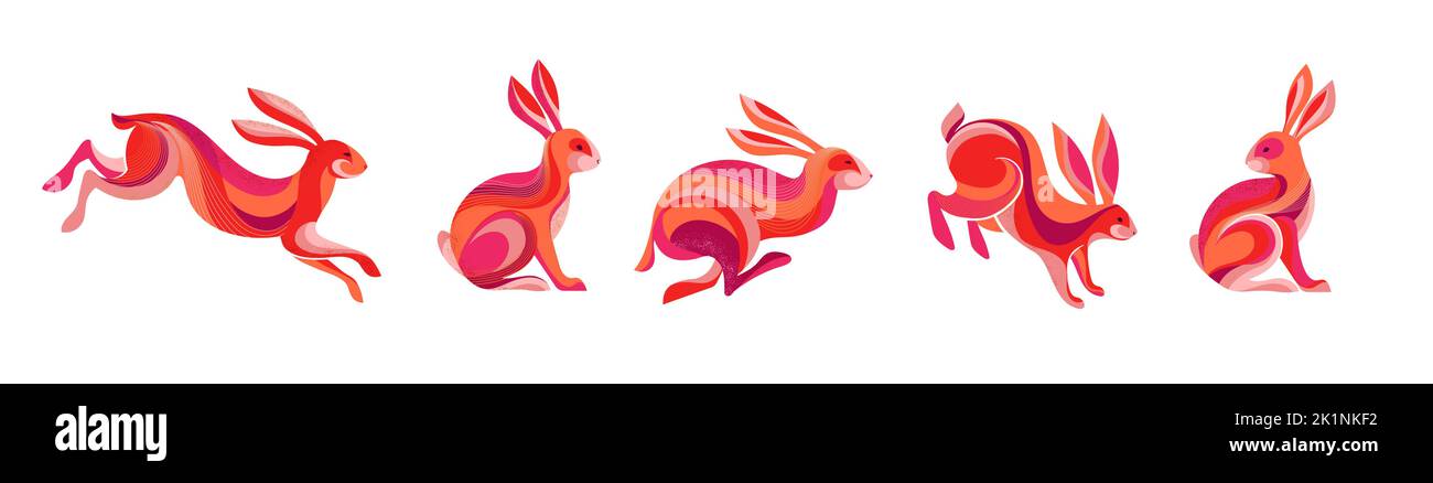 Collection of running, jumping rabbits, bunnies illustrations. Chinese new year 2023 year of the rabbit, Chinese zodiac symbol.  Stock Vector