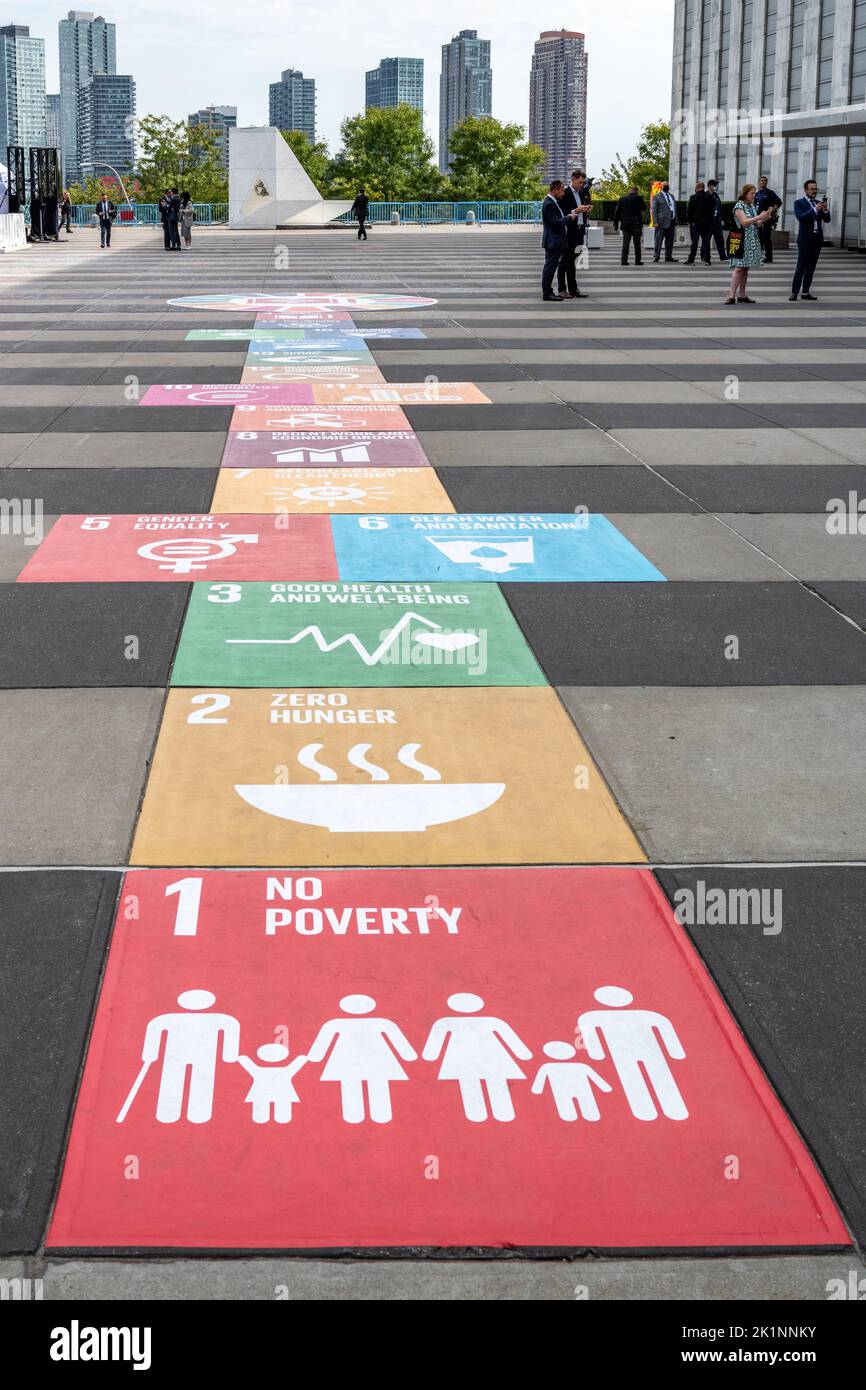 New York, USA. 19th Sep, 2022. A hopscotch stating United Nations goals was placed at the entrance of the United Nations main building ahead of the start of the annual General Assembly. Credit: Enrique Shore/Alamy Live News Stock Photo