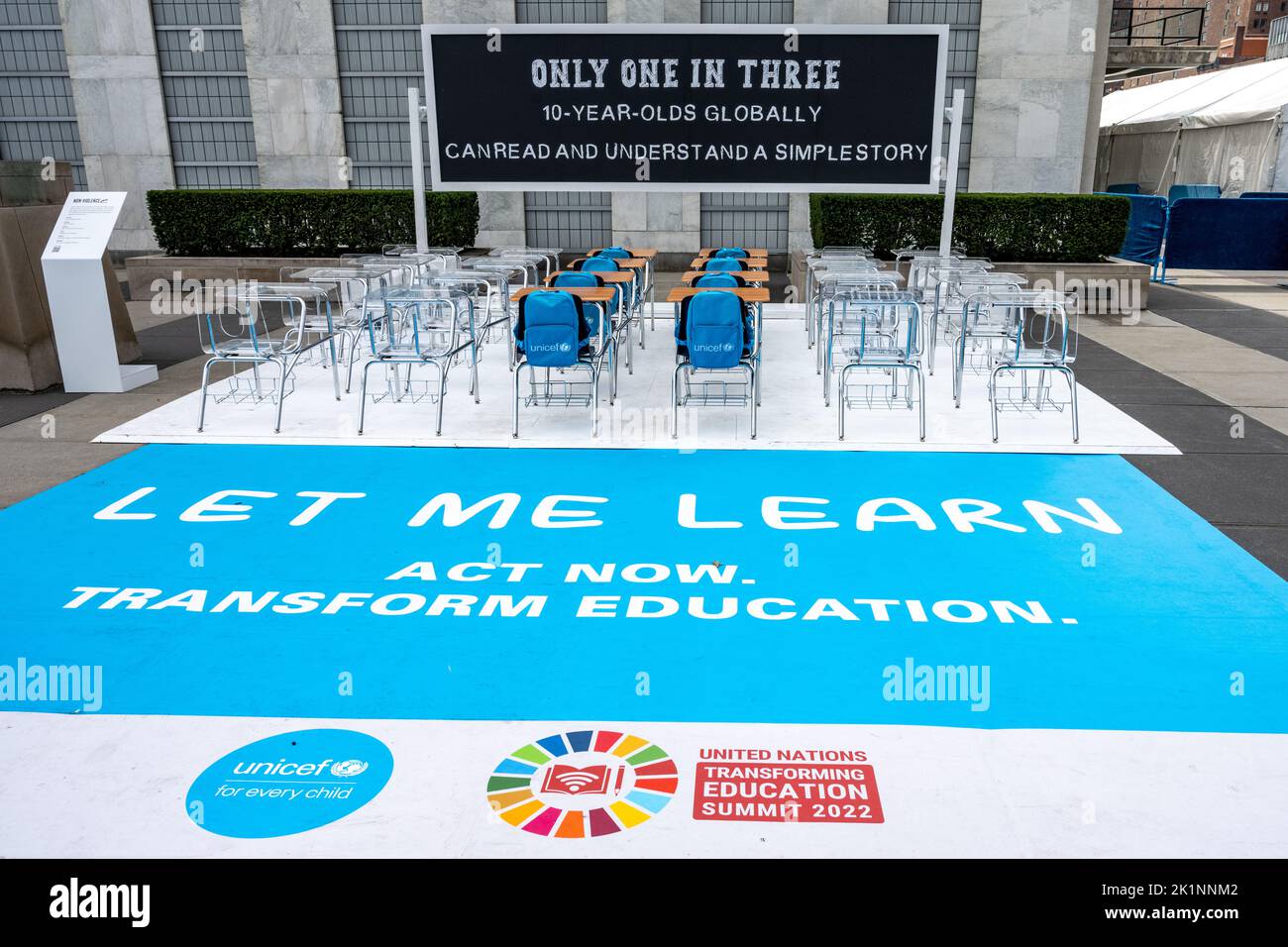 New York, USA. 19th Sep, 2022. An installation representing a UN Children's Fund (UNICEF) classroom with a dramatic statement in the blackboard was placed outside the entrance of the United Nations main building during the Transforming Education Summit, ahead of the start of the United Nations Annual General Assembly. Credit: Enrique Shore/Alamy Live News Stock Photo