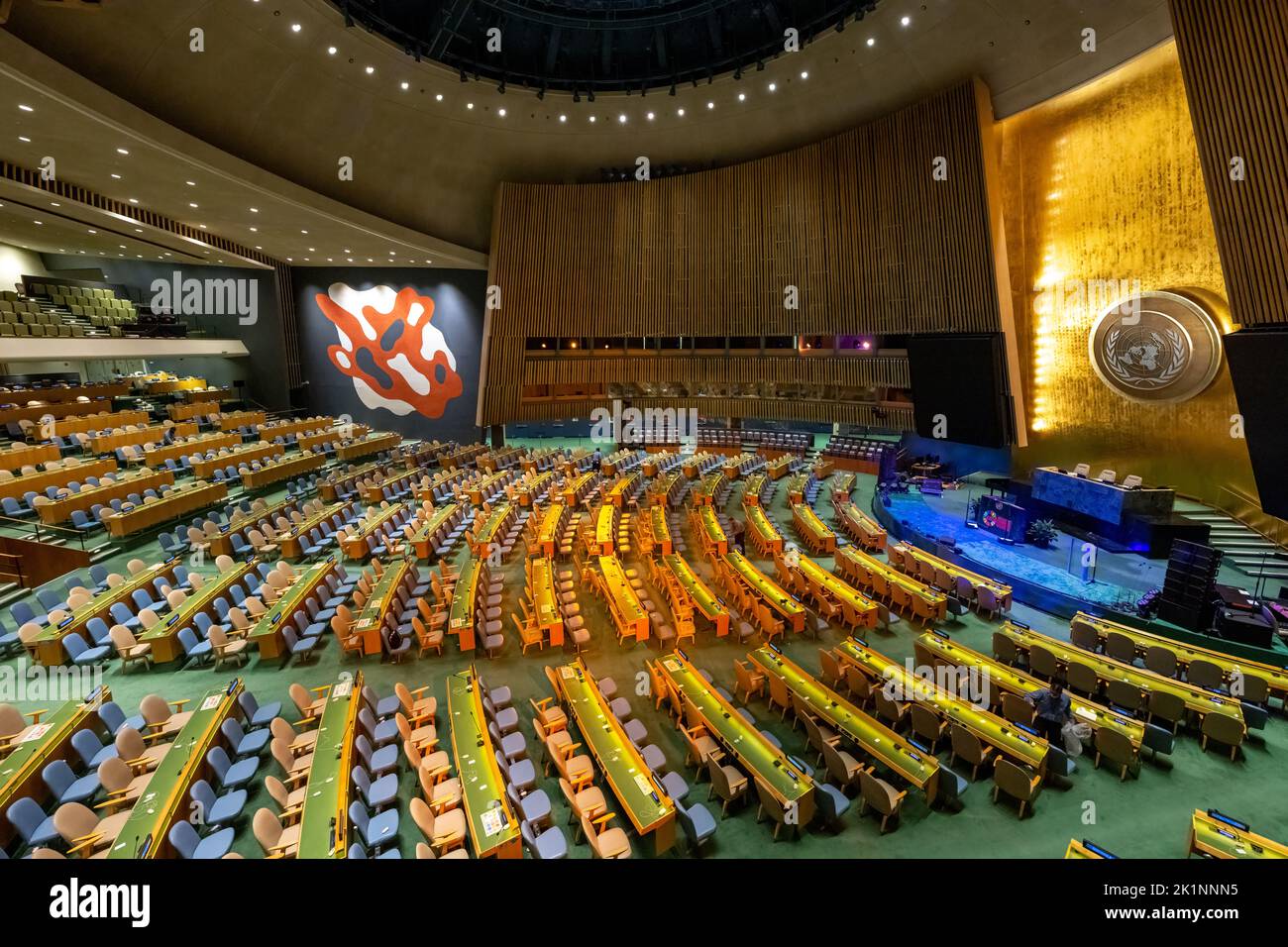New York, USA. 19th Sep, 2022. Workers check finishing touches in the empty United Nations General Assembly hall in New York City, ahead of the start of the General Debate. World leaders will take the stage starting tomorrow during the 77th annual UN General Assembly. Credit: Enrique Shore/Alamy Live News Stock Photo