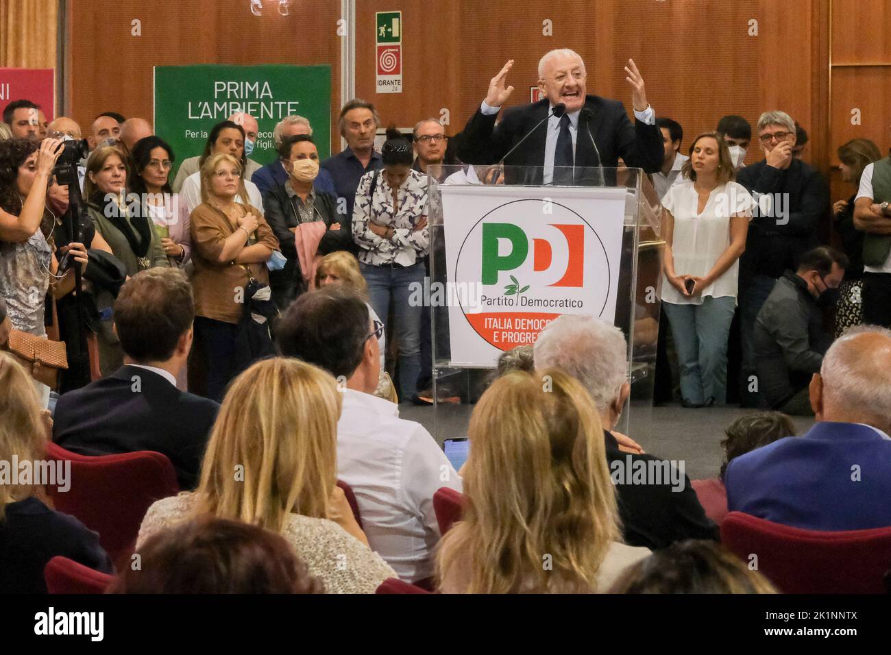 Campania Governor Vincenzo De Luca speaks during the Democratic Party election campaign in the presence of National Secretary Enrico Letta towards the 25 September vote Stock Photo