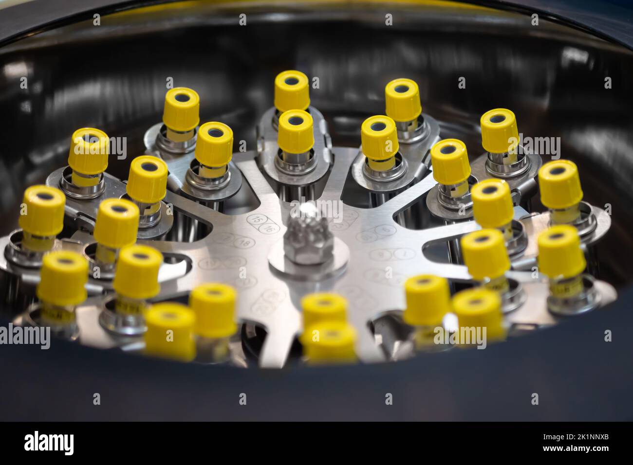 Vials with yellow caps in centrifuge rotor laboratory equipment Stock