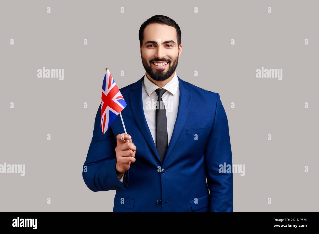 Delighted bearded man holding British flag, celebrating holiday, looking at camera with toothy smile, wearing official style suit. Indoor studio shot isolated on gray background. Stock Photo