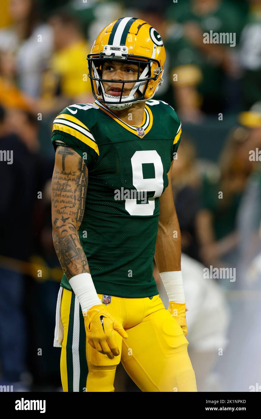 Green Bay, Wisconsin, USA. 18th Sep, 2022. Green Bay Packers wide receiver  Christian Watson (9) signs autographs before the NFL football game between  the Chicago Bears and the Green Bay Packers at