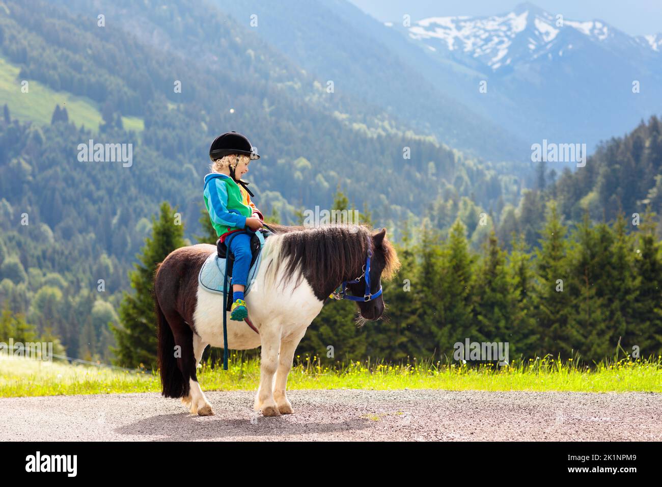 Kids riding pony in the Alps mountains. Family spring vacation on horse ranch in Austria, Tirol. Children ride horses. Kid taking care of animal. Stock Photo