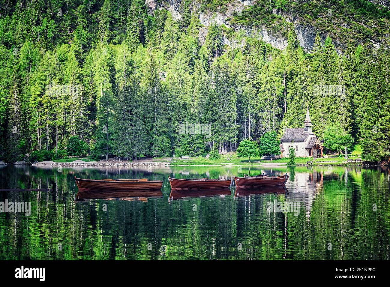 Lago di Braies - Pragser Wildsee, South Tyrol, Italy Stock Photo