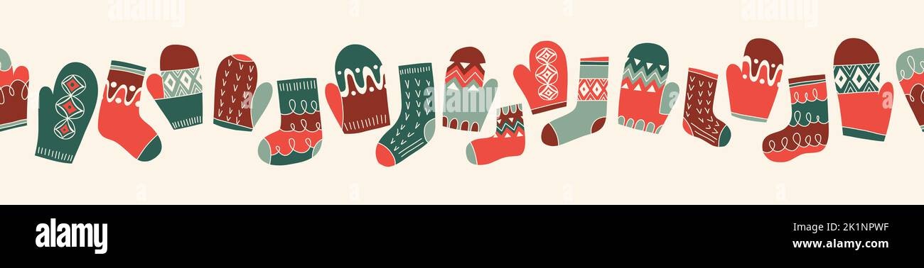 Colorful Retro Knitted Mittens and Socks Vector Seamless Pattern Horizontal Border Stock Vector