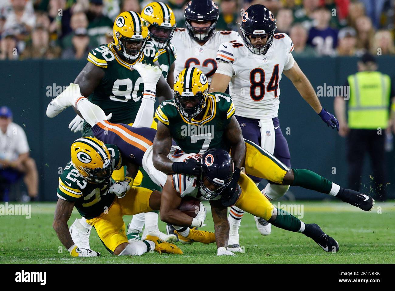 Green Bay, WI, USA. 30th Sep, 2018. Green Bay Packers cornerback Jaire  Alexander #23 celebrates an interception during the NFL Football game  between the Buffalo Bills and the Green Bay Packers at