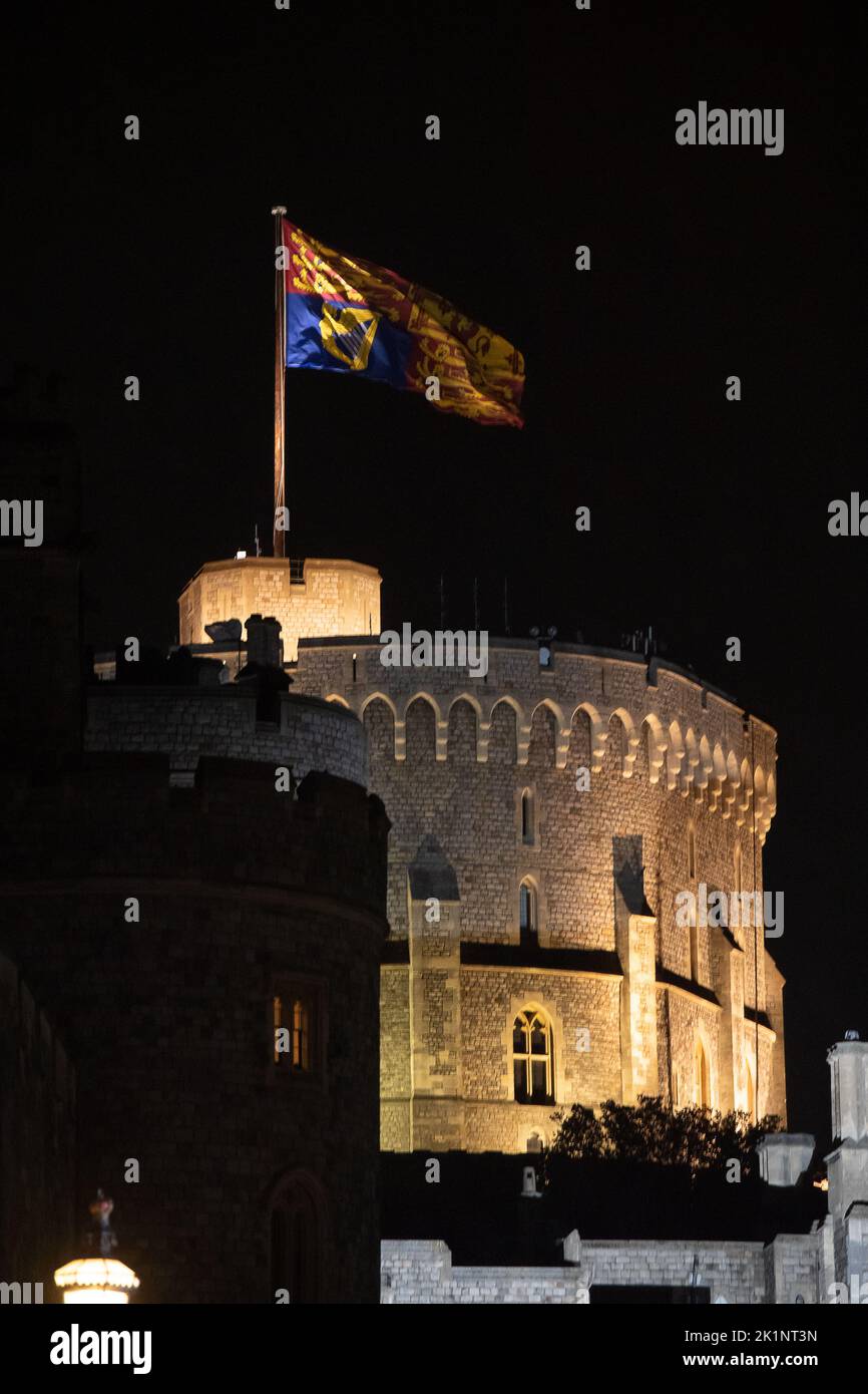 Windsor, Berkshire, UK. 19th September, 2022. The ceremonial Royal Standard flys on the Round Tower at Windsor Castle as Her Majesty the Queen is laid to rest. Credit: Maureen McLean/Alamy Live News Stock Photo