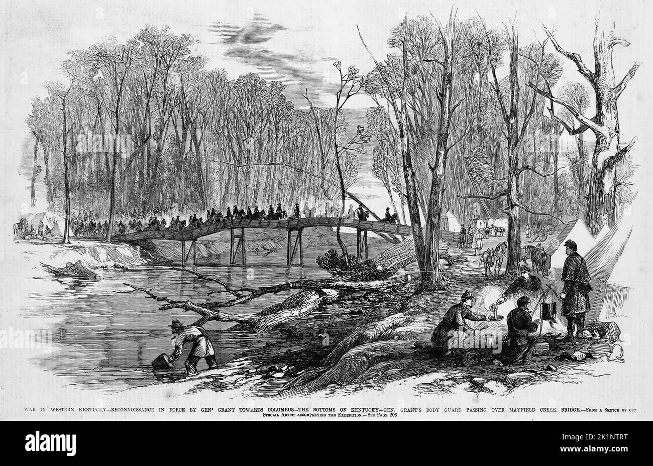 War in Western Kentucky - Reconnaissance in force by General Ulysses S. Grant towards Columbus - The bottoms of Kentucky - General Grant's bodyguard passing over Mayfield Creek Bridge. January 1862. 19th century American Civil War illustration from Frank Leslie's Illustrated Newspaper Stock Photo