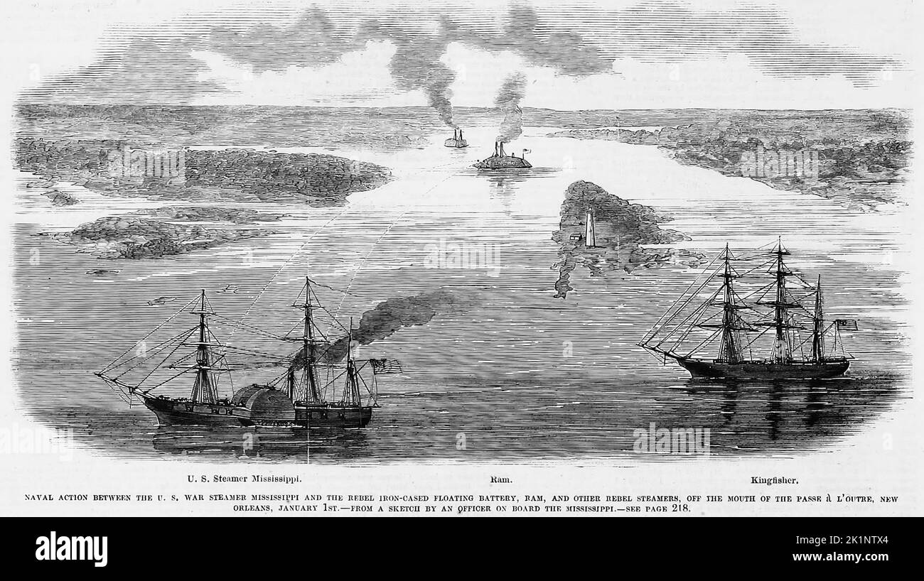 Naval action between the U. S. war steamer Mississippi and the Rebel iron-cased floating battery, Ram, and other Rebel steamers, off the mouth of the Pass a L'Outre, New Orleans, Louisiana, January 1st, 1862. 19th century American Civil War illustration from Frank Leslie's Illustrated Newspaper Stock Photo