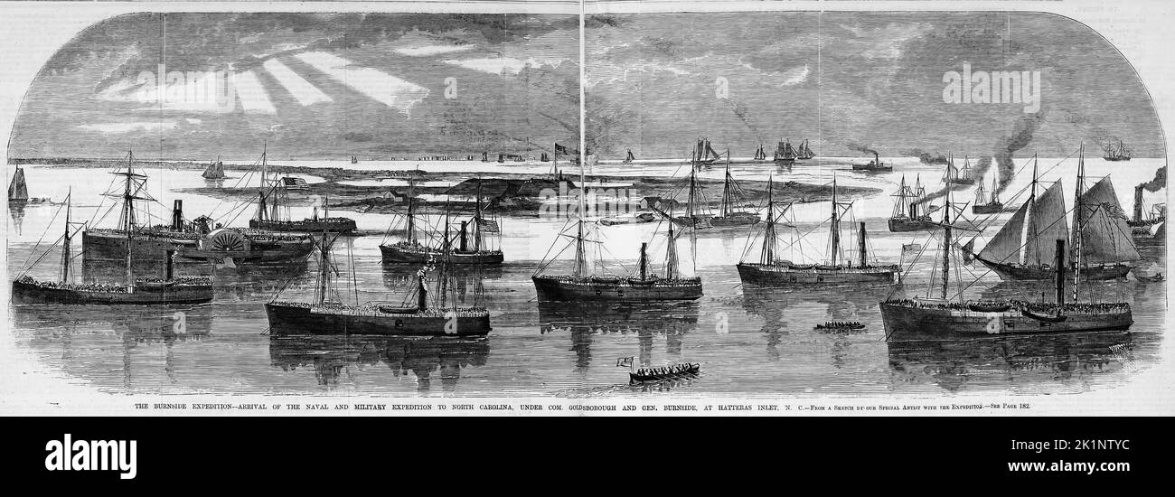 The Burnside Expedition - Arrival of the naval and military expedition to North Carolina, under Commander Goldsborough and General Ambrose Everett Burnside, at Hatteras Inlet, North Carolina. January 1862. 19th century American Civil War illustration from Frank Leslie's Illustrated Newspaper Stock Photo