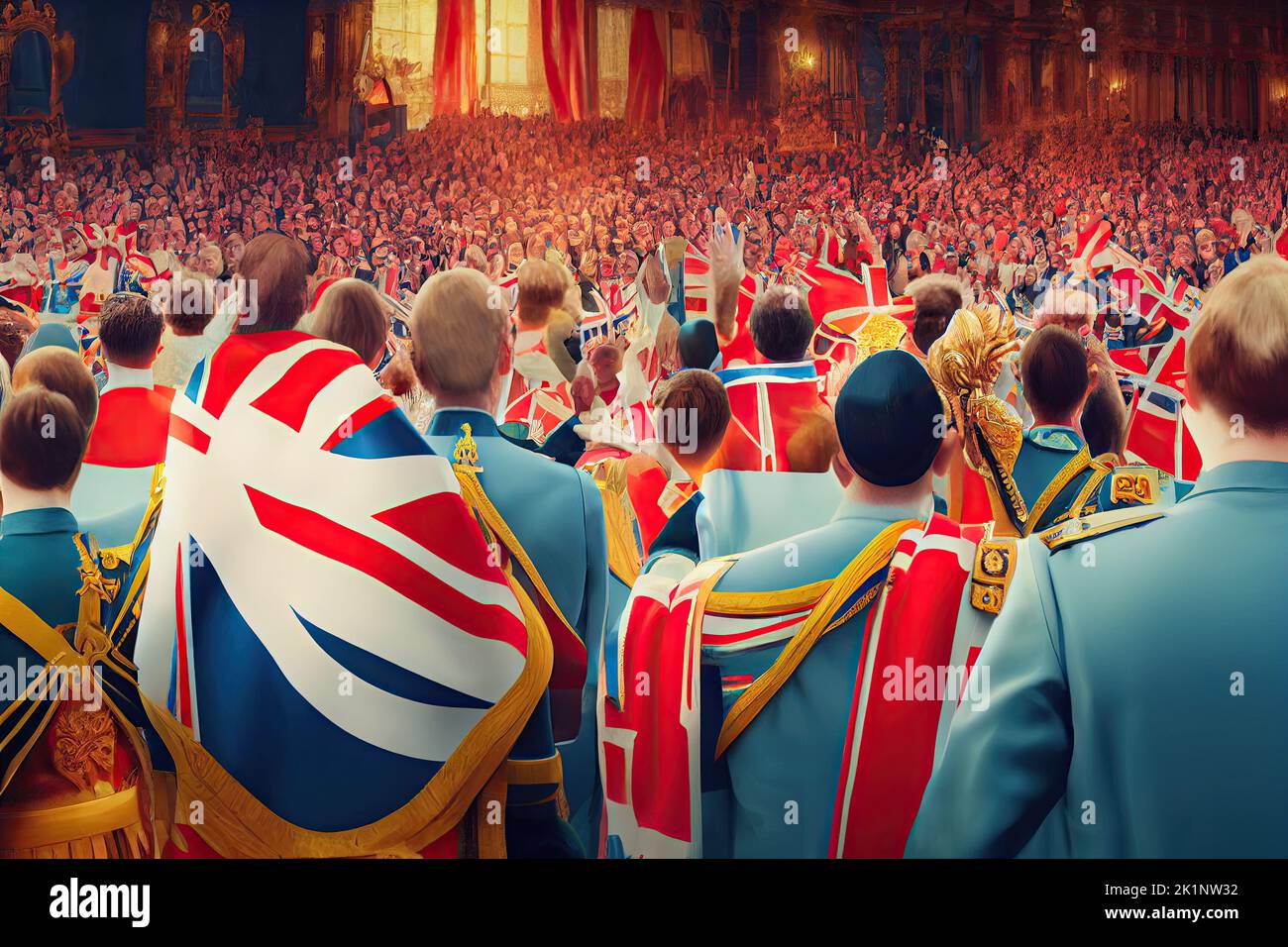 English people of England celebrating the new King of the United Kingdom in the crowning ceremony in London. 3D illustration, digital watercolor Stock Photo