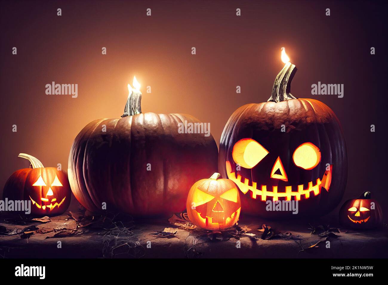 Halloween with carved pumpkins on a table in the dark with candles. Halloween pumpkins lit by candlelight at night. 3D illustration and fantasy Stock Photo