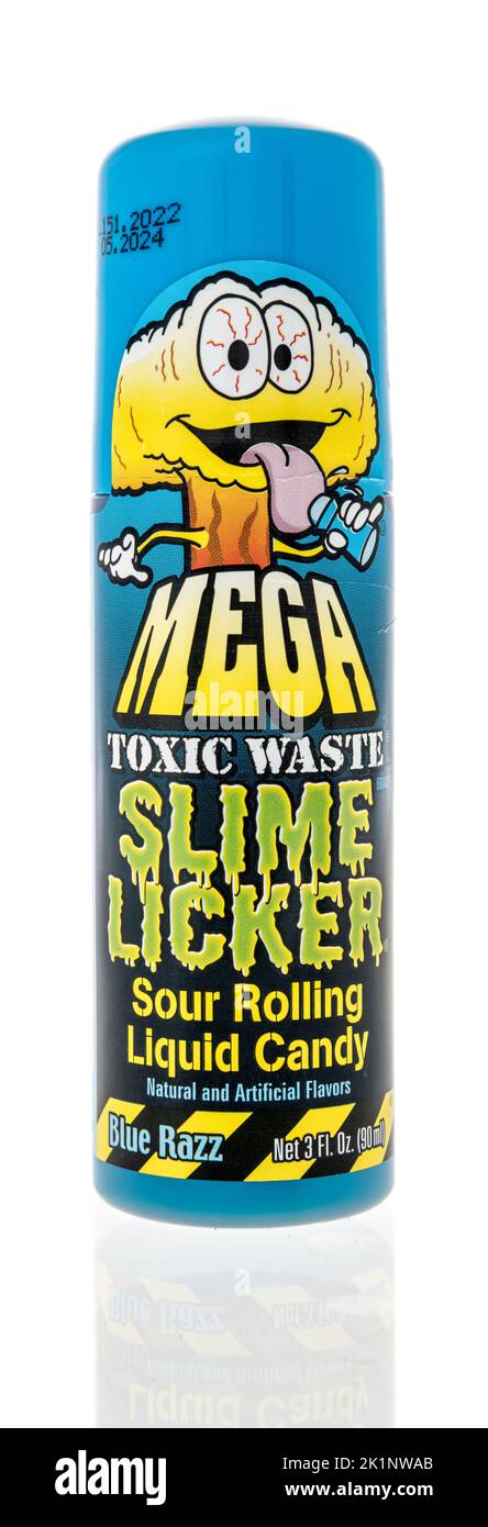 Winneconne, WI - 18 August 2022: A package of Mega toxic waste slime licker on an isolated background. Stock Photo