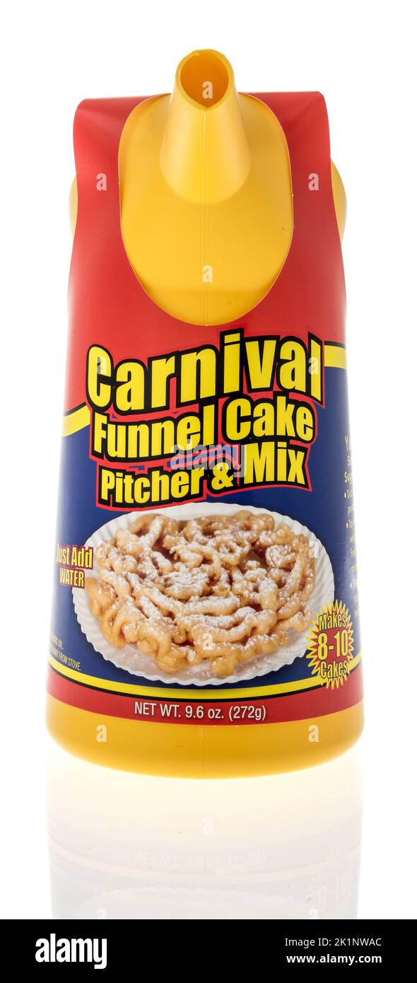 Winneconne, WI - 18 August 2022: A package of Carnival funnel cake pitcher and mix on an isolated background. Stock Photo
