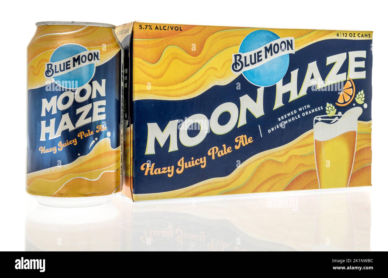 Winneconne, WI - 6 September 2022: A package of Blue Moon haze beer on an isolated background. Stock Photo
