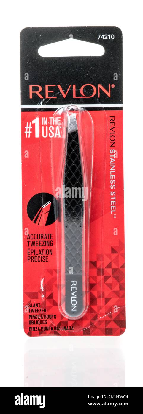 Winneconne, WI - 19 September 2022: A package of Revlon tweezers on an isolated background. Stock Photo