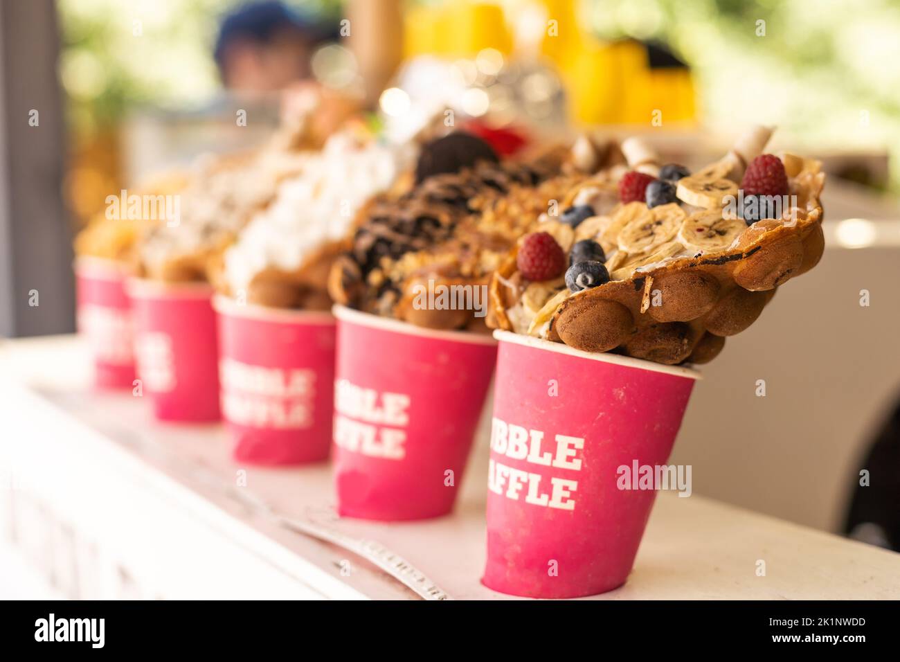 Hong Kong style egg waffles, ice cream and caramel syrup. Trendy food