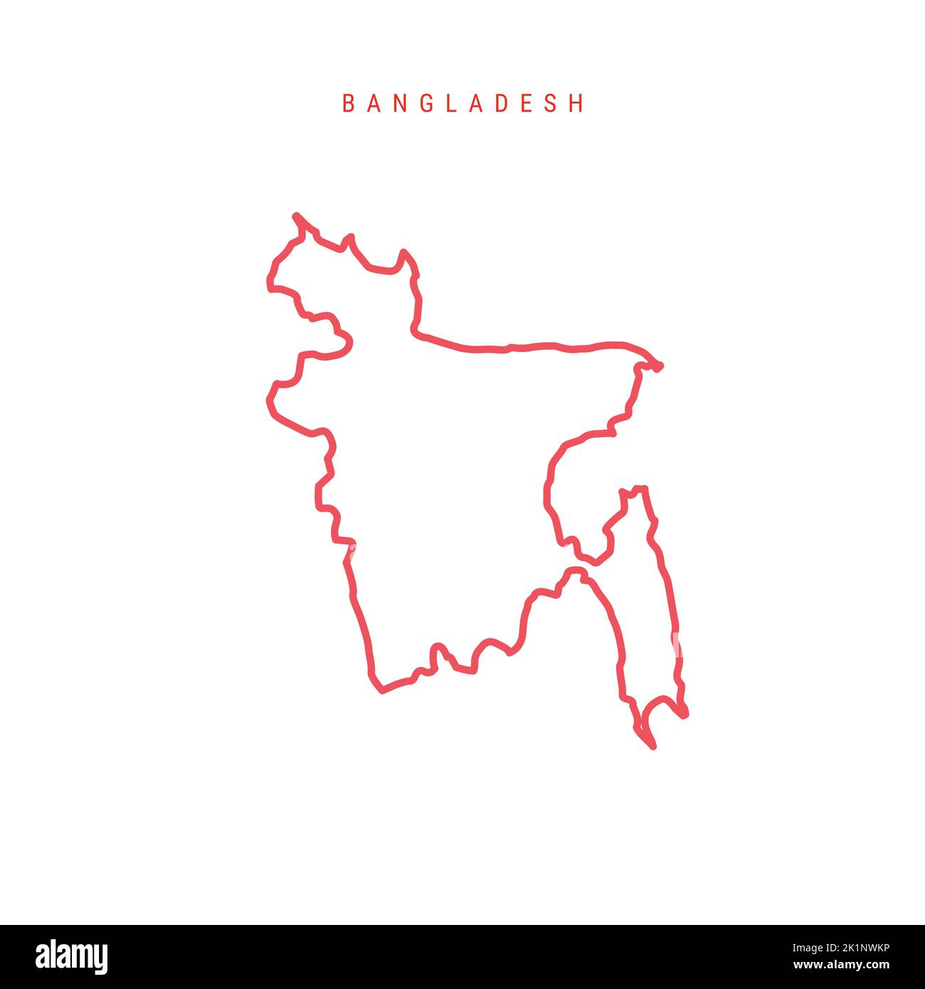 Bangladesh editable outline map. Bangladeshi red border. Country name. Adjust line weight. Change to any color. Vector illustration. Stock Vector