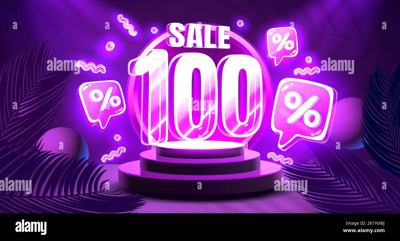 Mega sale special offer, Neon 100 off sale banner. Sign board promotion. Vector illustration