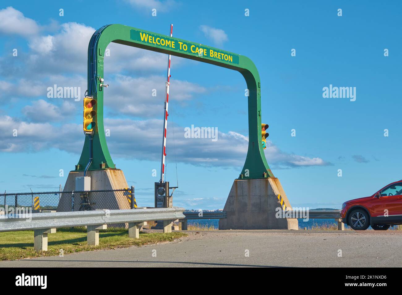 Arch welcoming all to Cape Breton Island as they cross the bridge over the Canso Canal that separates mainland Novascotia from Cape Breton. Stock Photo