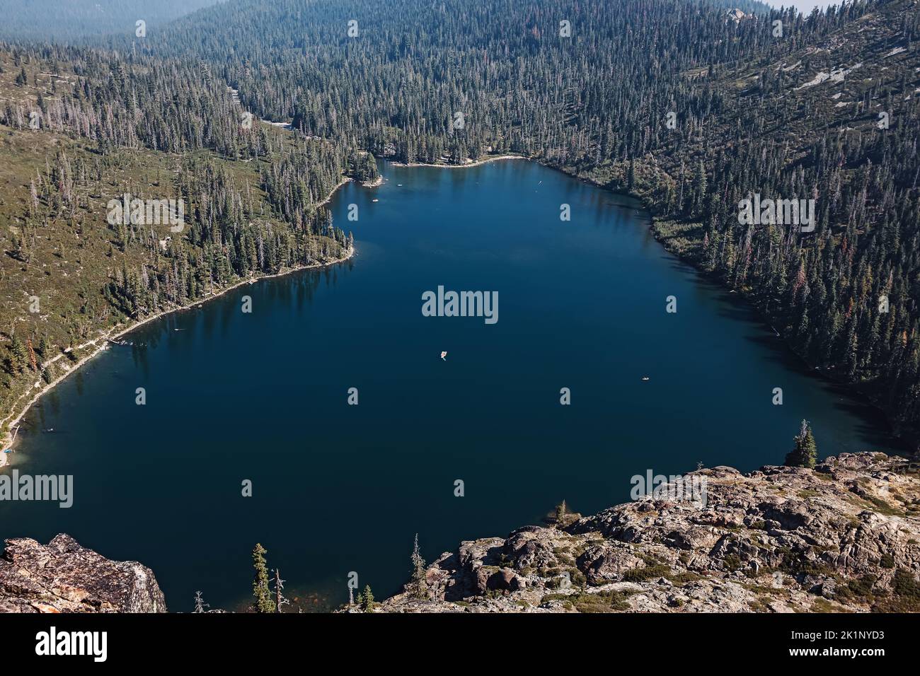 Beautiful view on the heart shape mountain lake. Castle lake, Shasta county, California. Stock Photo