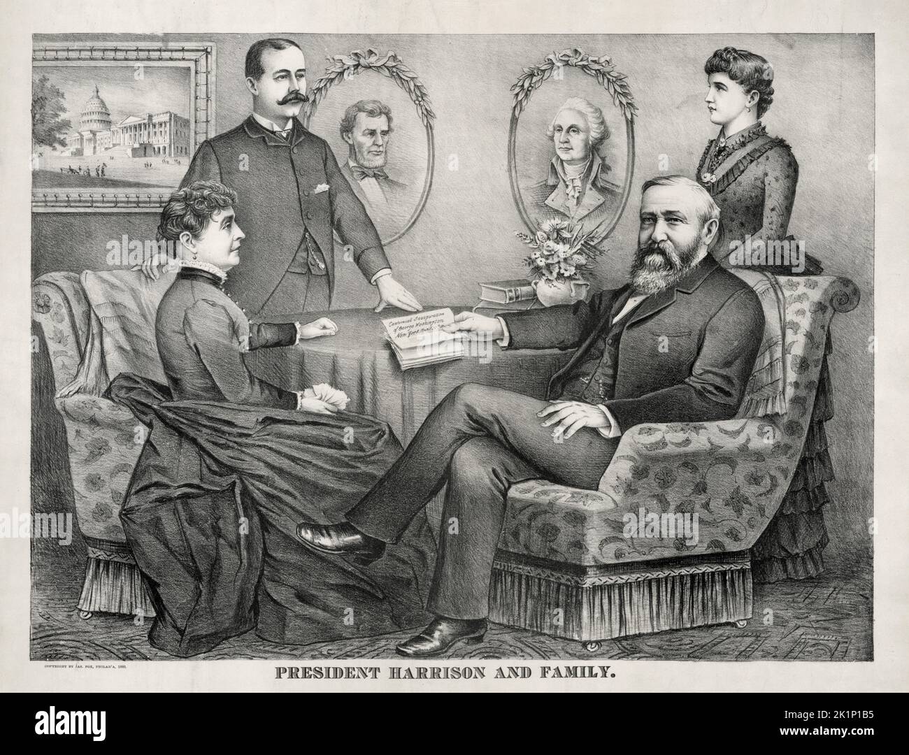 An engraving of US President Benjamin Harrison,his wife Caroline Scott Harrison and their children Russel Harrison and his daughter Mary. After Caroline died in 1892 Mary served as acting First Lady for the remainder of Harrison's term as president/. Stock Photo