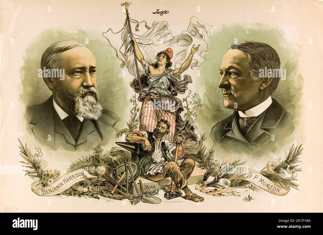 Victory Portraits of Benjamin Harrison and Levi P. Morton for the 1888 election. Stock Photo