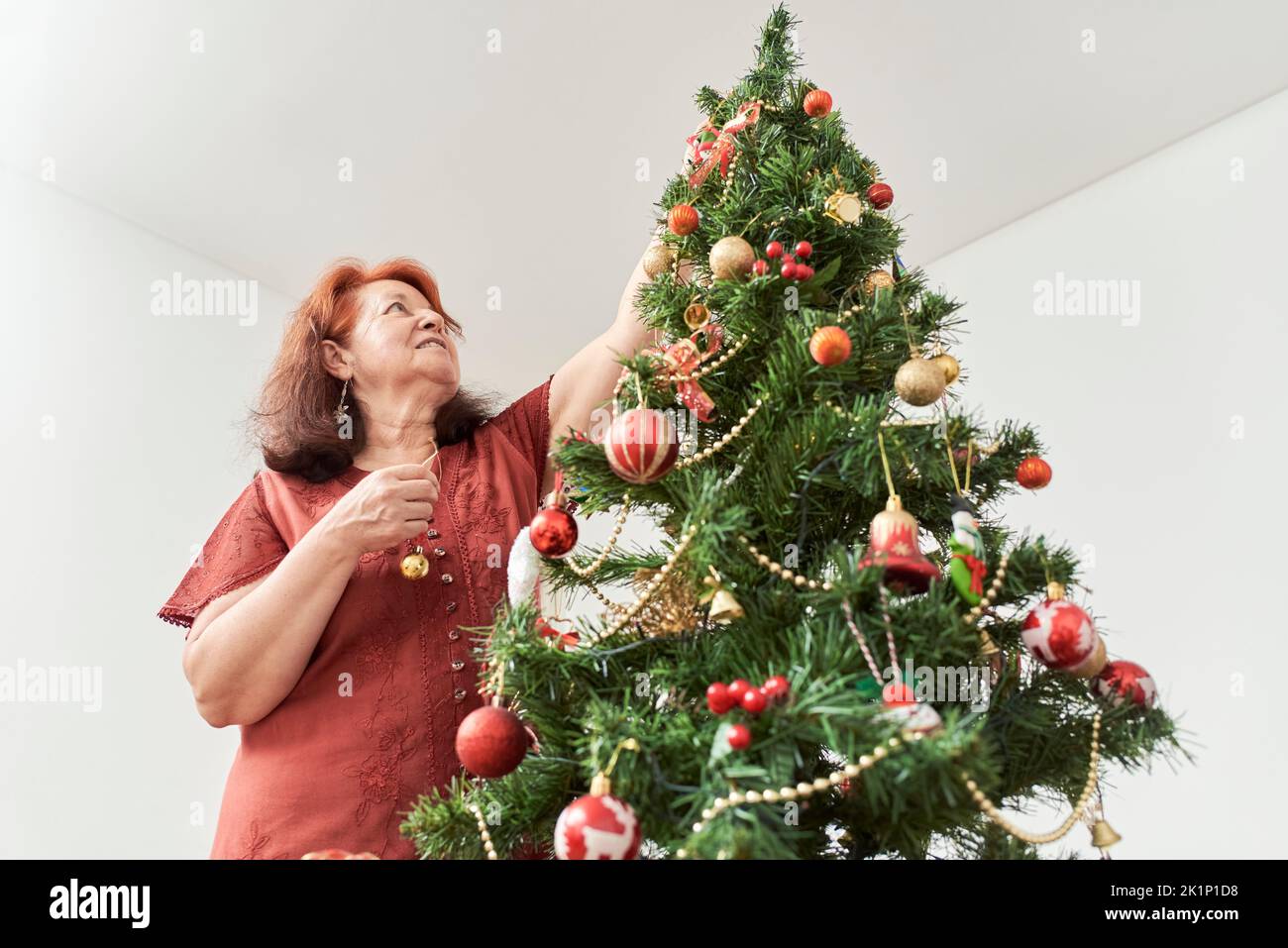 Latin mature woman decorating a Christmas tree at home. Low angle view with copy space. Stock Photo