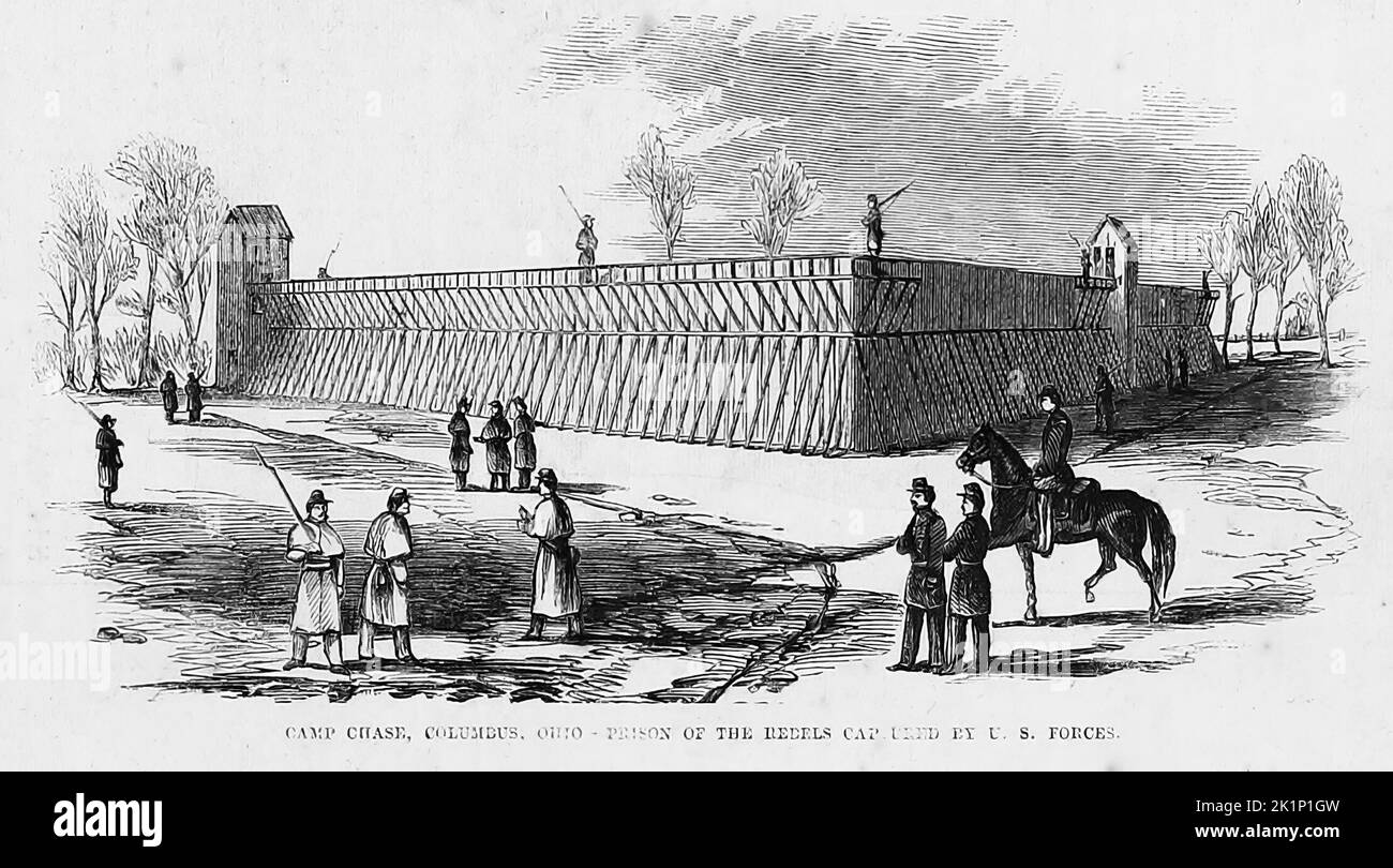 Camp Chase, Ohio - Prison of the Rebels captured by U. S. forces. February 1862. 19th century American Civil War illustration from Frank Leslie's Illustrated Newspaper Stock Photo