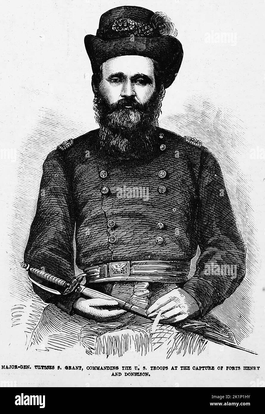Portrait of General Ulysses S. Grant, commanding the U. S. troops at the capture of Forts Henry and Donelson. 1862. 19th century American Civil War illustration from Frank Leslie's Illustrated Newspaper Stock Photo