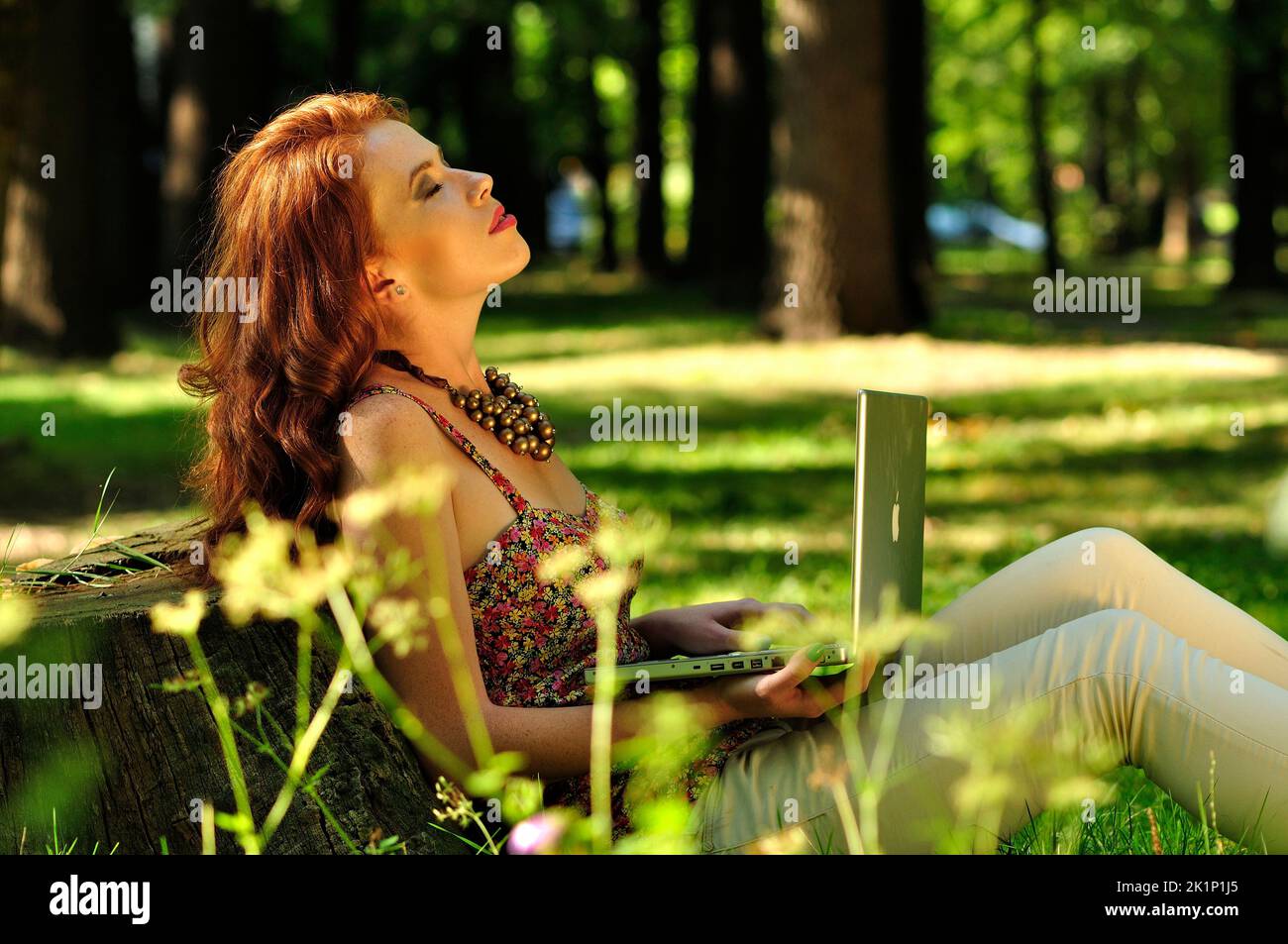 beauty, girl, laptop, mobile, outdoor, redhead, young,pure beauty, natural, mental health, back to the school, influencer, dating, business, Stock Photo