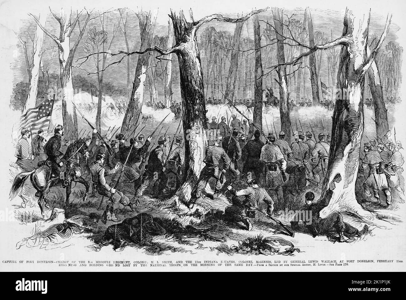 Capture of Fort Donelson, Tennessee - Charge of the 8th Missouri Regiment, Colonel Morgan Lewis Smith, and the 11th Indiana Zouaves, Colonel George Francis McGinnis, led by General Lewis 'Lew' Wallace, at Fort Donelson, February 15th, 1862, regaining and holding ground lost by the National troops on the morning of the same day. Battle of Fort Donelson. 19th century American Civil War illustration from Frank Leslie's Illustrated Newspaper Stock Photo