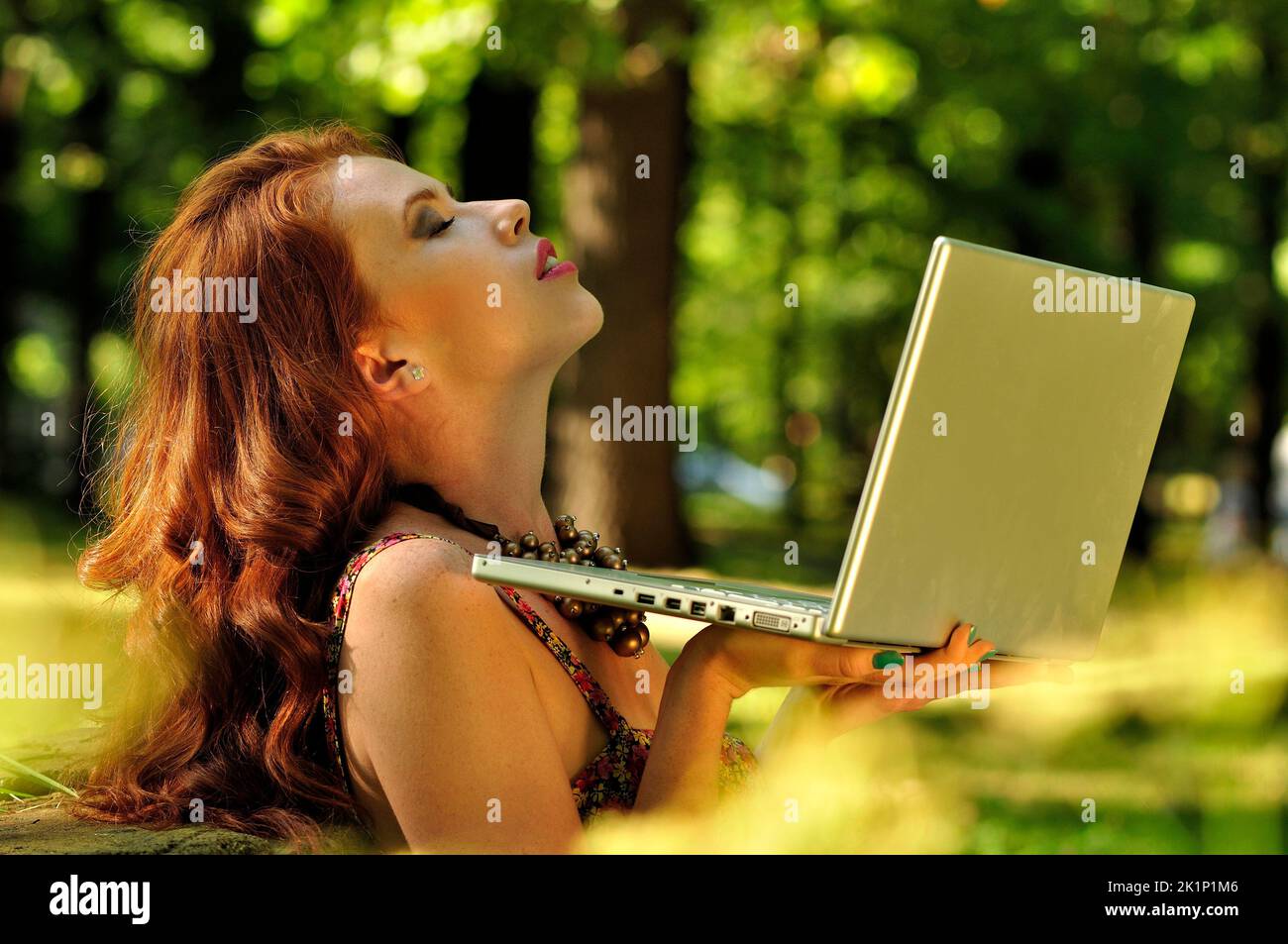 beauty, girl, laptop, mobile, outdoor, redhead, young,pure beauty, natural, mental health, back to the school, influencer, dating, business, Stock Photo