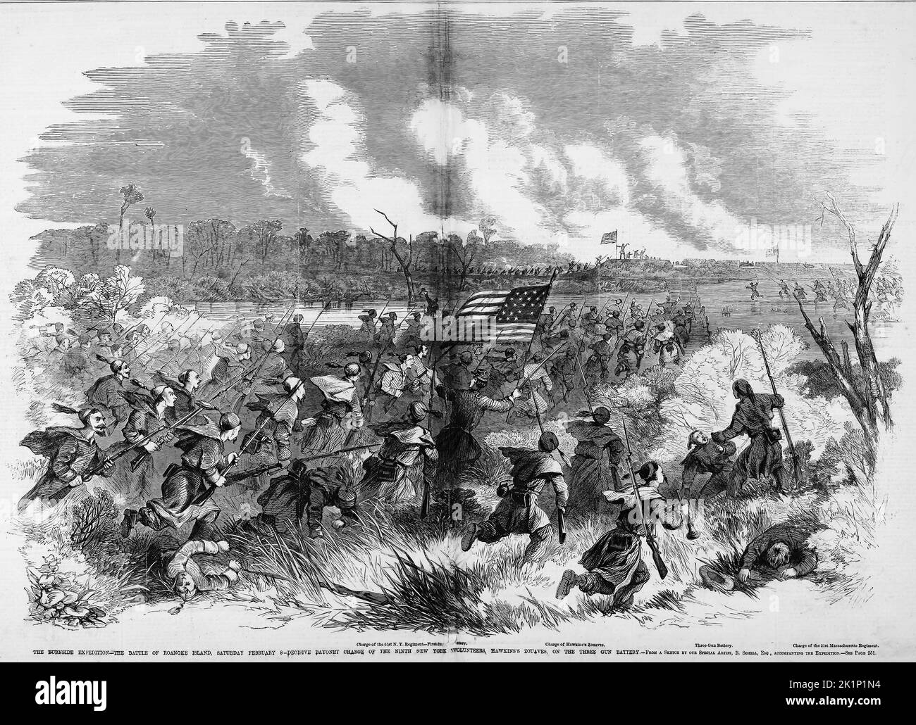 The Burnside Expedition - The Battle of Roanoke Island, North Carolina, February 8th, 1862 - Decisive bayonet charge of the 9th New York Volunteers, Hawkin's Zouaves, on the three gun battery. 19th century American Civil War illustration from Frank Leslie's Illustrated Newspaper Stock Photo