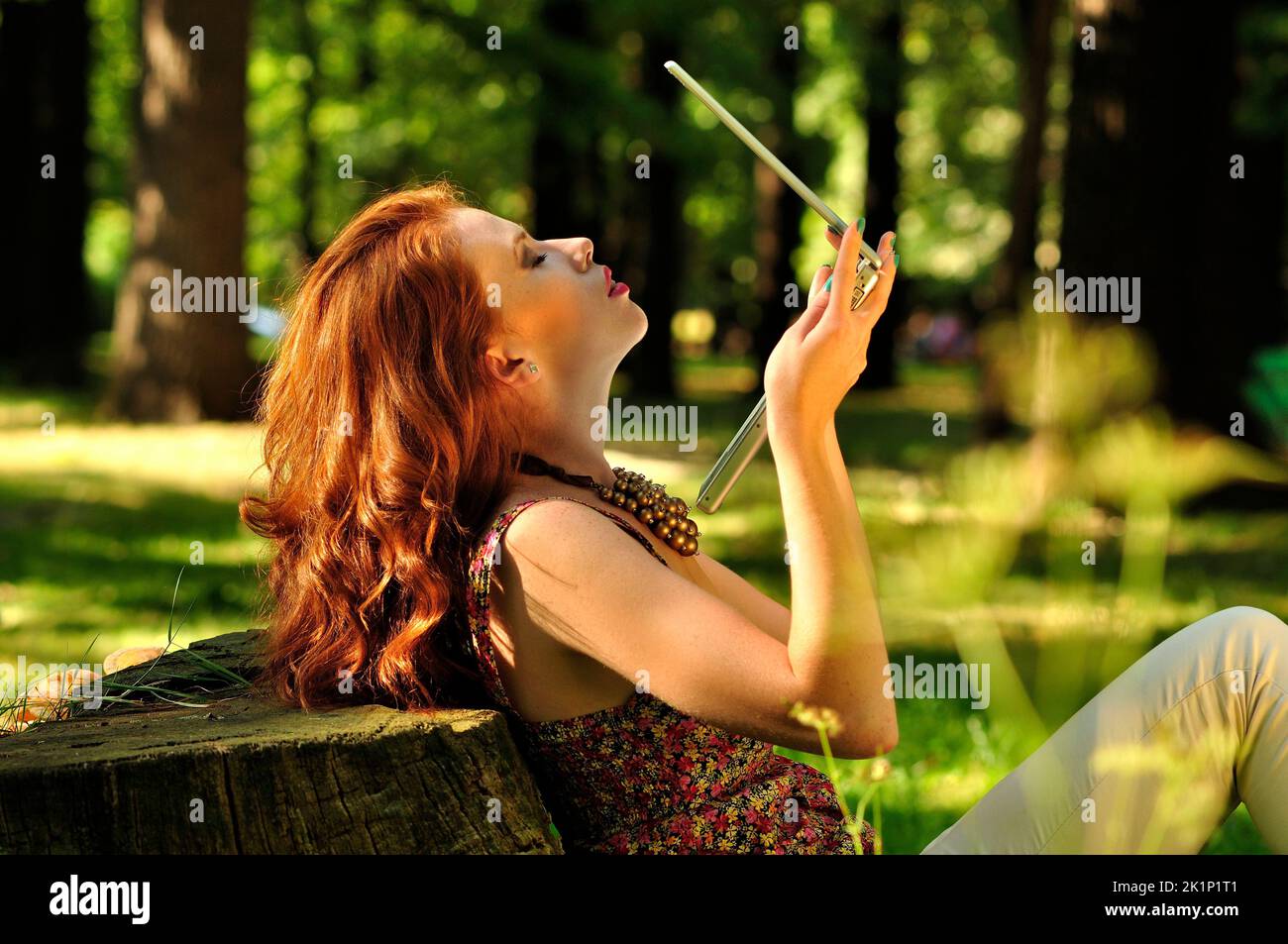 beauty, girl, laptop, mobile, outdoor, redhead, young,pure beauty, natural, mental health, back to the school, influencer, dating, business, Stock Photo