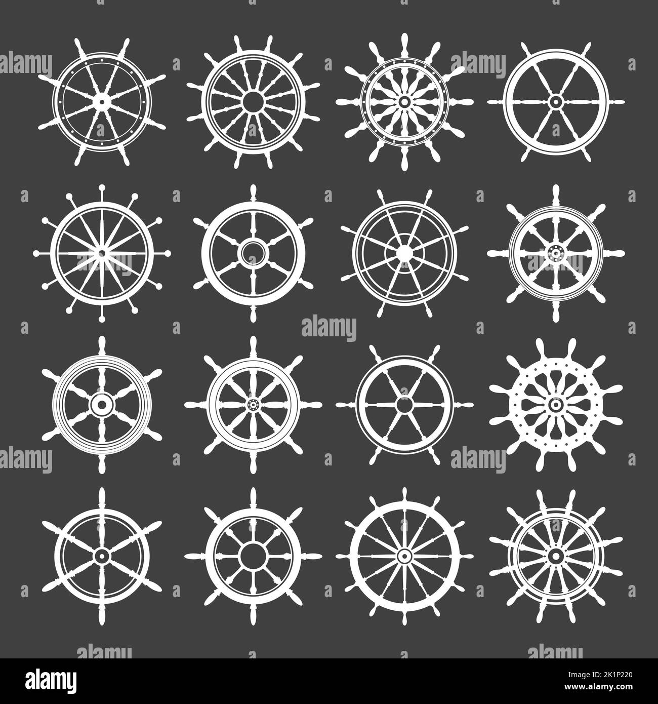 Collection of white vintage steering wheels. Ship, yacht retro wheel