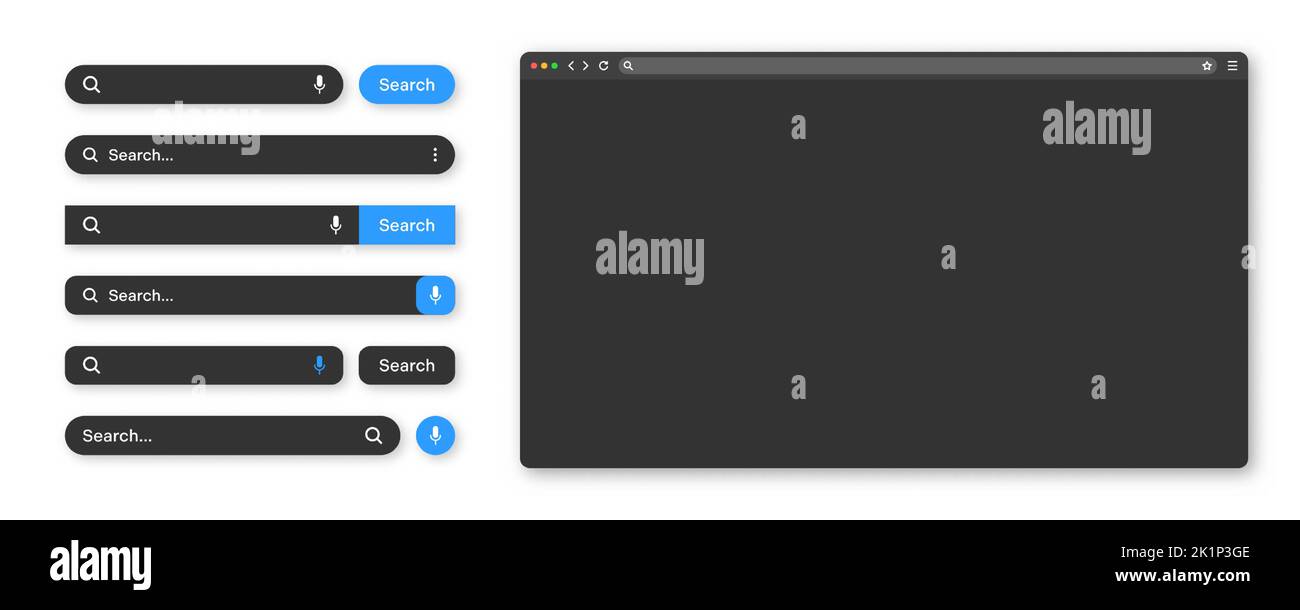 Blank internet browser window with various search bar templates, dark