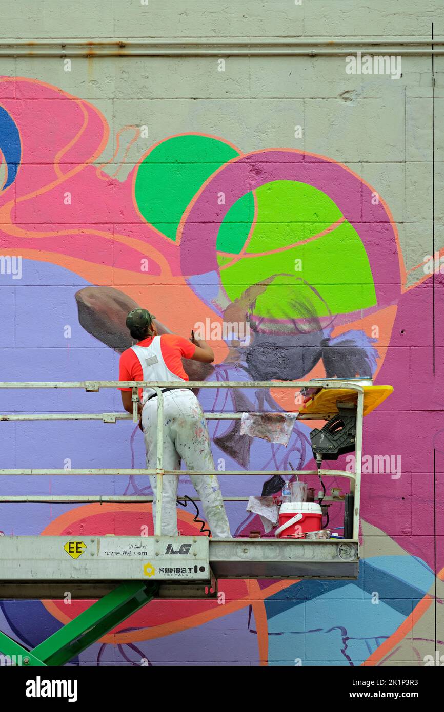 An artist creates a new mural during the 2022 RVA Street Art Festival at the Power Plant along Richmond VA's Canal Walk. Stock Photo